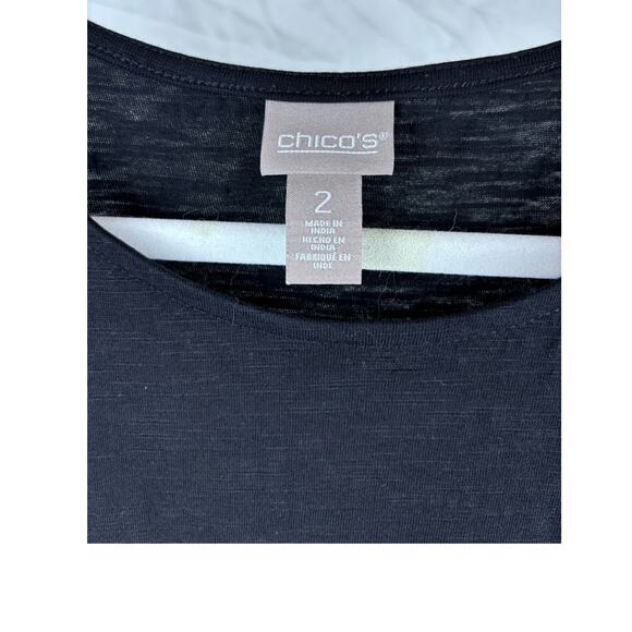 CHICOS Womens Sz 2 M Black Short Sleeve Top w/ Side Tie Cotton Blend India - Picture 2 of 7